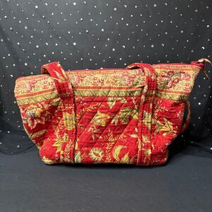 QK Quilted Tote Bag Red Floral Shoulder Bag Zip Top Cottagecore